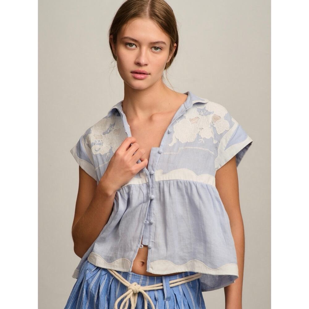 LIKE NEW Anthropologie Light Blue and Cream Short Sleeve Peplum Button Top - Picture 14 of 14